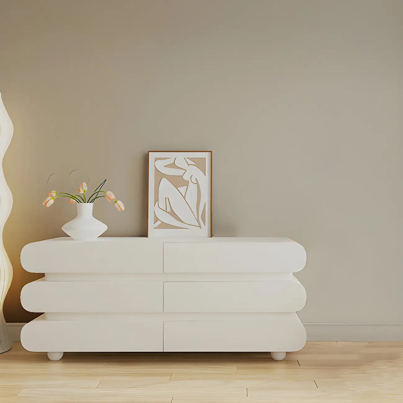 Commode double ovale en bois blanc glamour avec tiroirs à fermeture douce