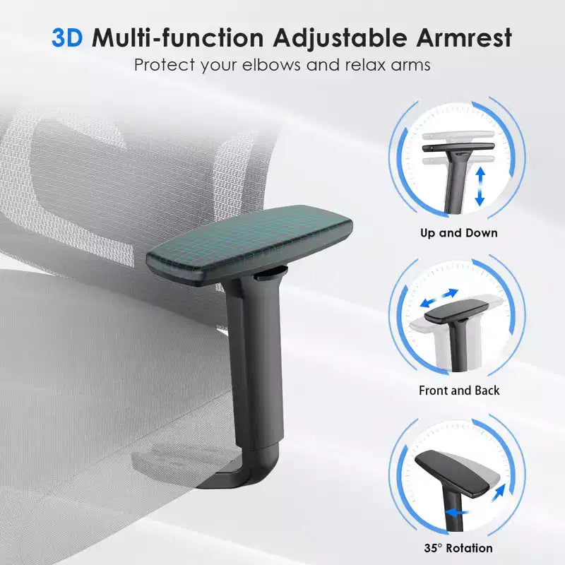 Chaise de bureau ergonomique Okak, chaise de bureau en maille avec appui-tête, support lombaire et accoudoirs réglables, chaise de jeu à dossier haut pour le bureau, la maison