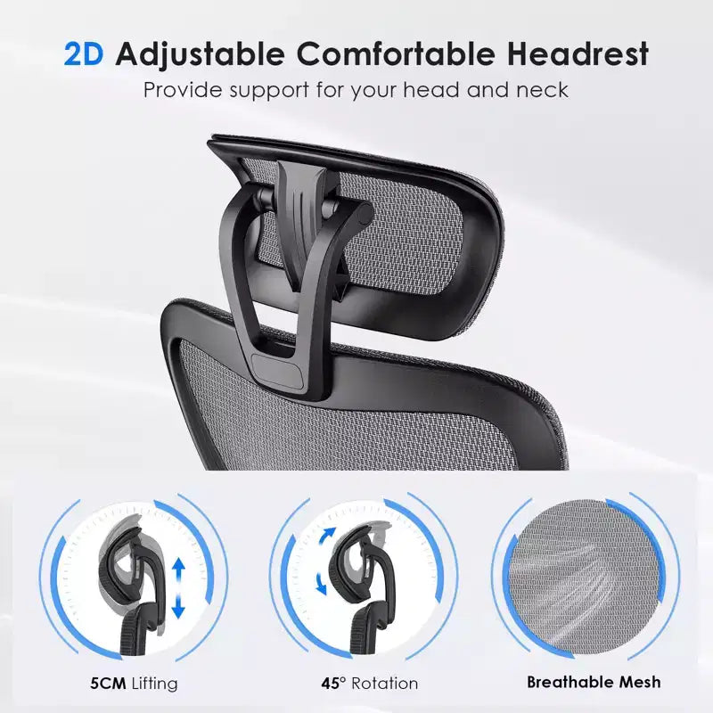 Chaise de bureau ergonomique Okak, chaise de bureau en maille avec appui-tête, support lombaire et accoudoirs réglables, chaise de jeu à dossier haut pour le bureau, la maison