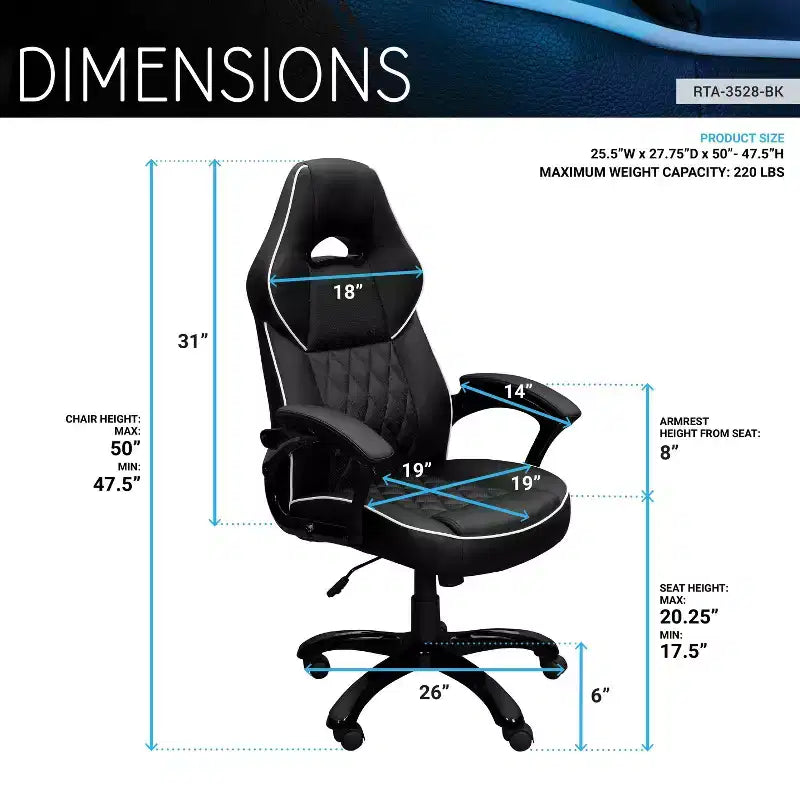 Sedia da gaming Okak High-Back con sedile e schienale imbottiti, sedia da ufficio direzionale con base e ruote in metallo, sedia da scrivania per studio, sala lettura, nera