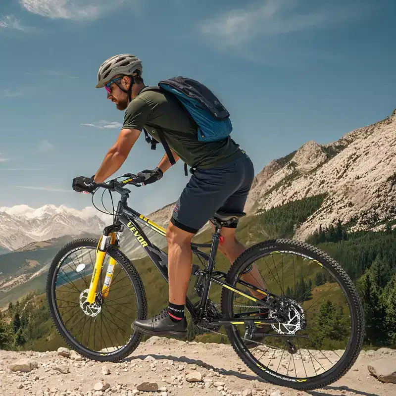 VEVOR Mountain Bike, Bici MTB da 29 pollici con Doppia Sospensione Completa, Cambio a Rotazione a 24 Velocità, Doppio Freno a Disco, Telaio in Lega di Alluminio, Nero e Giallo