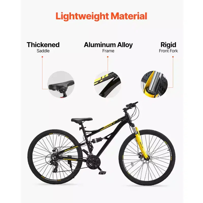 VEVOR Mountain Bike, Bici MTB da 29 pollici con Doppia Sospensione Completa, Cambio a Rotazione a 24 Velocità, Doppio Freno a Disco, Telaio in Lega di Alluminio, Nero e Giallo
