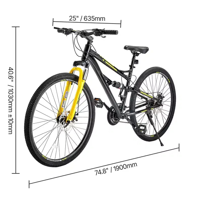 VEVOR Mountain Bike, Bici MTB da 29 pollici con Doppia Sospensione Completa, Cambio a Rotazione a 24 Velocità, Doppio Freno a Disco, Telaio in Lega di Alluminio, Nero e Giallo
