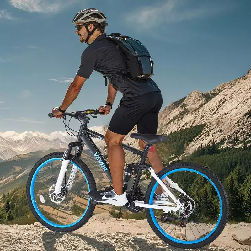 VEVOR Mountain Bike, Bici MTB da 26 pollici con doppia sospensione completa, cambio a 21 velocità, doppi freni a disco, telaio in lega di alluminio, Nero&Blu
