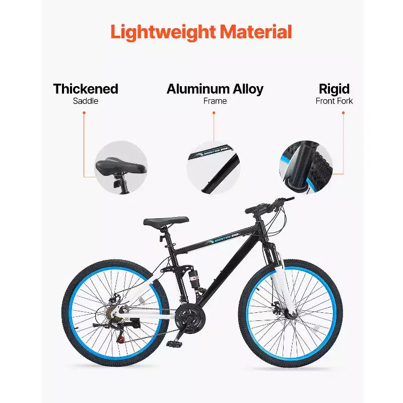 VEVOR Mountain Bike, Bici MTB da 26 pollici con doppia sospensione completa, cambio a 21 velocità, doppi freni a disco, telaio in lega di alluminio, Nero&Blu