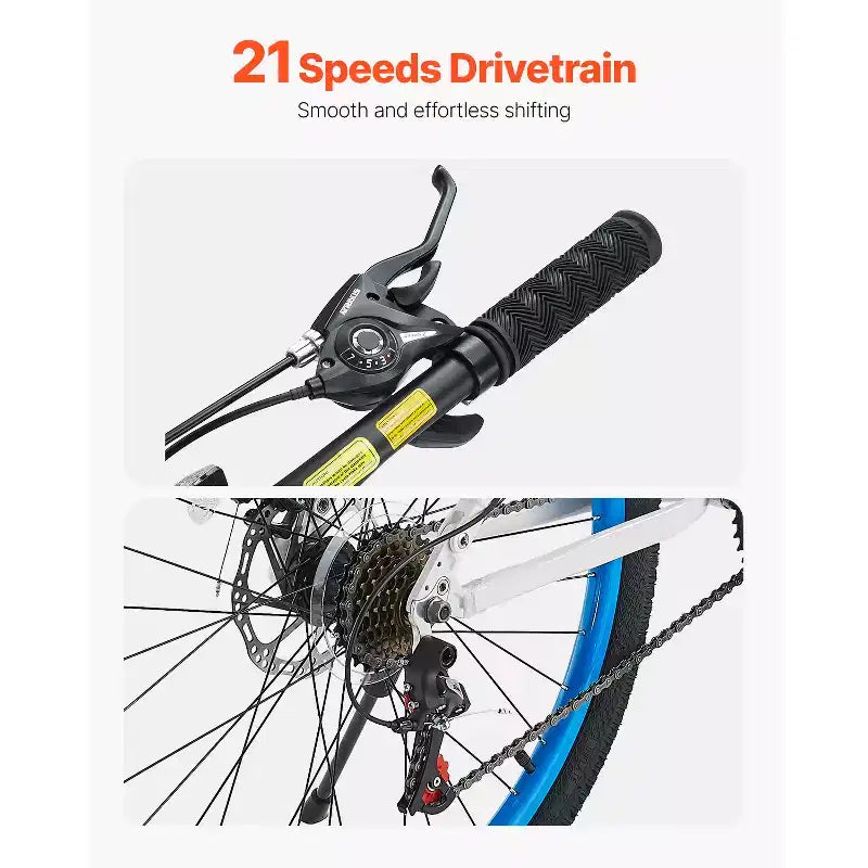VEVOR Mountain Bike, Bici MTB da 26 pollici con doppia sospensione completa, cambio a 21 velocità, doppi freni a disco, telaio in lega di alluminio, Nero&Blu