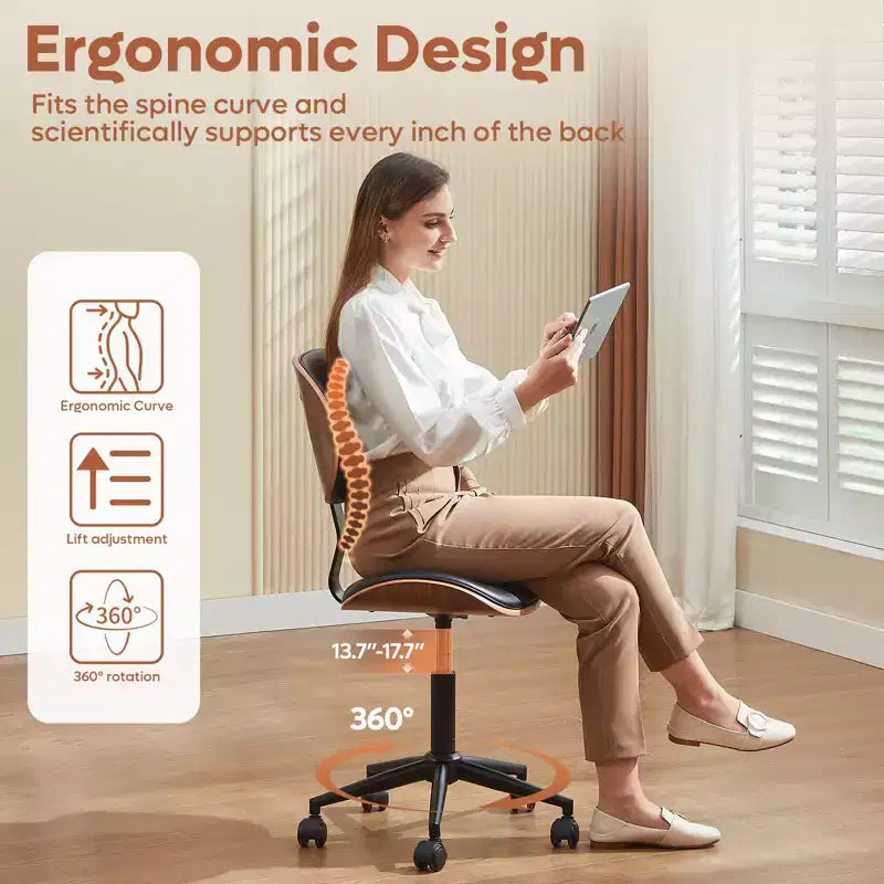 Chaise de Bureau Ergonomique sans Accoudoirs Bestier Bentwood, Chaise de Table Confortable avec Support Lombaire, Chaise de Bureau à Roulettes Réglable en Hauteur en Cuir PU