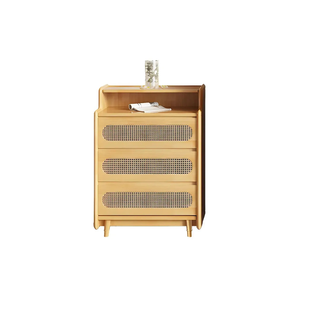 Commode d'appoint en rotin et bois brun avec plusieurs tiroirs