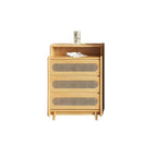 Commode d'appoint en rotin et bois brun avec plusieurs tiroirs