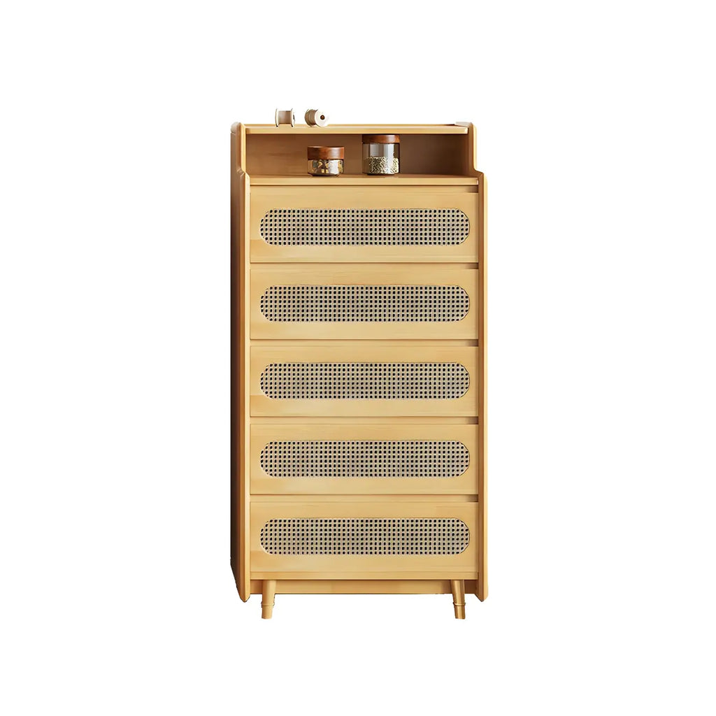 Commode d'appoint en rotin et bois brun avec plusieurs tiroirs