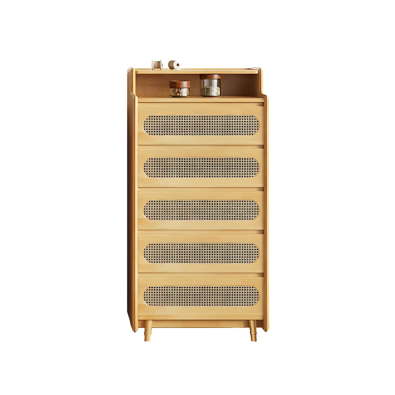 Commode d'appoint en rotin et bois brun avec plusieurs tiroirs