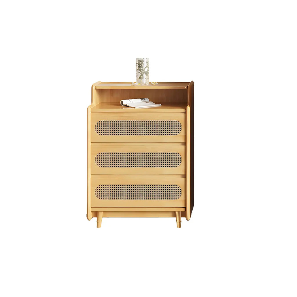 Commode d'appoint en rotin et bois brun avec plusieurs tiroirs