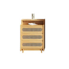 Commode d'appoint en rotin et bois brun avec plusieurs tiroirs