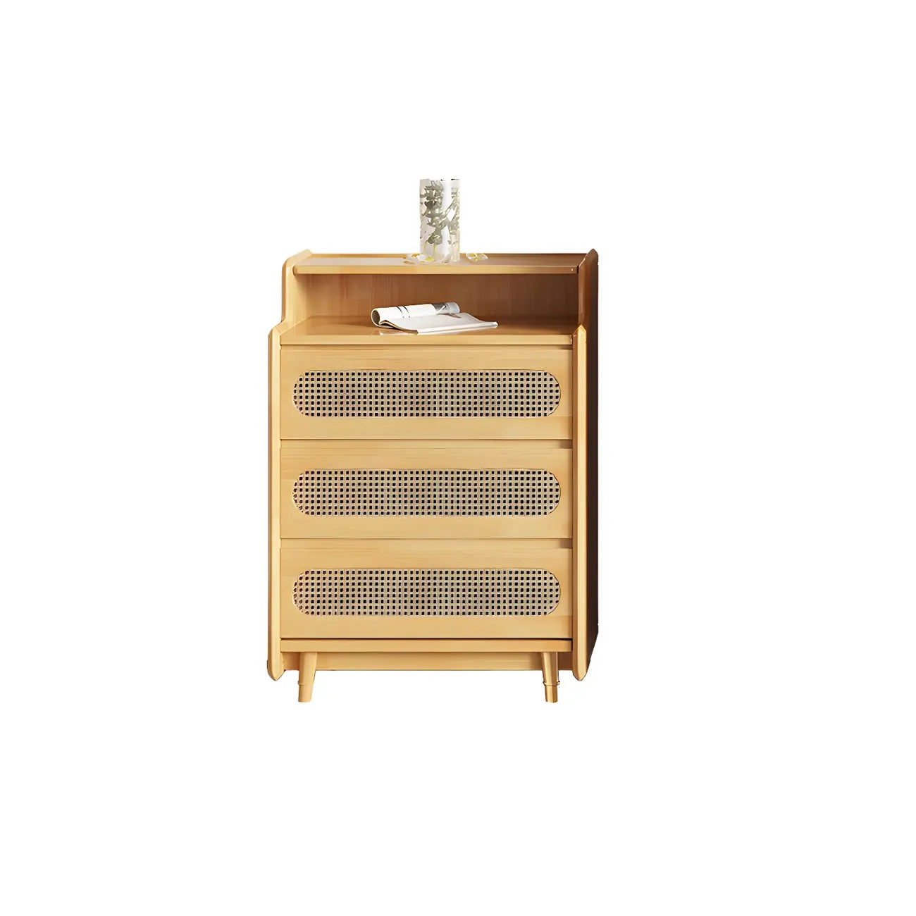 Commode d'appoint en rotin et bois brun avec plusieurs tiroirs