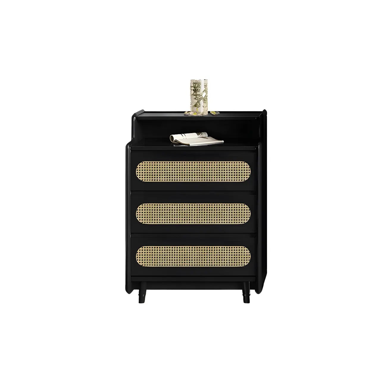 Commode d'appoint en rotin et bois brun avec plusieurs tiroirs