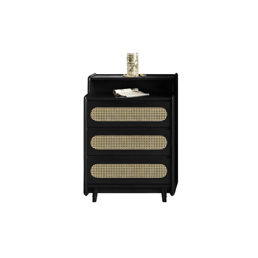 Commode d'appoint en rotin et bois brun avec plusieurs tiroirs