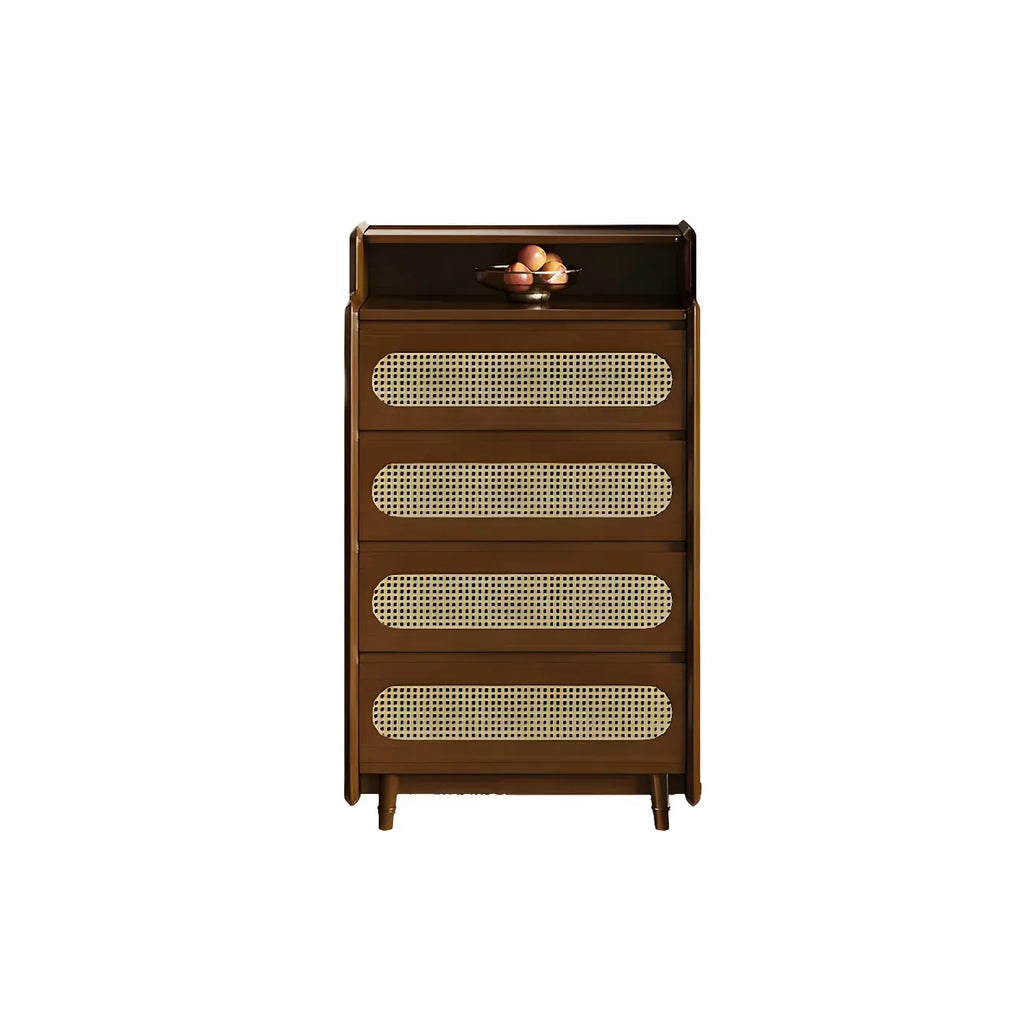 Commode d'appoint en rotin et bois brun avec plusieurs tiroirs