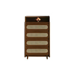 Commode d'appoint en rotin et bois brun avec plusieurs tiroirs