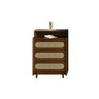 Commode d'appoint en rotin et bois brun avec plusieurs tiroirs