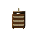 Commode d'appoint en rotin et bois brun avec plusieurs tiroirs
