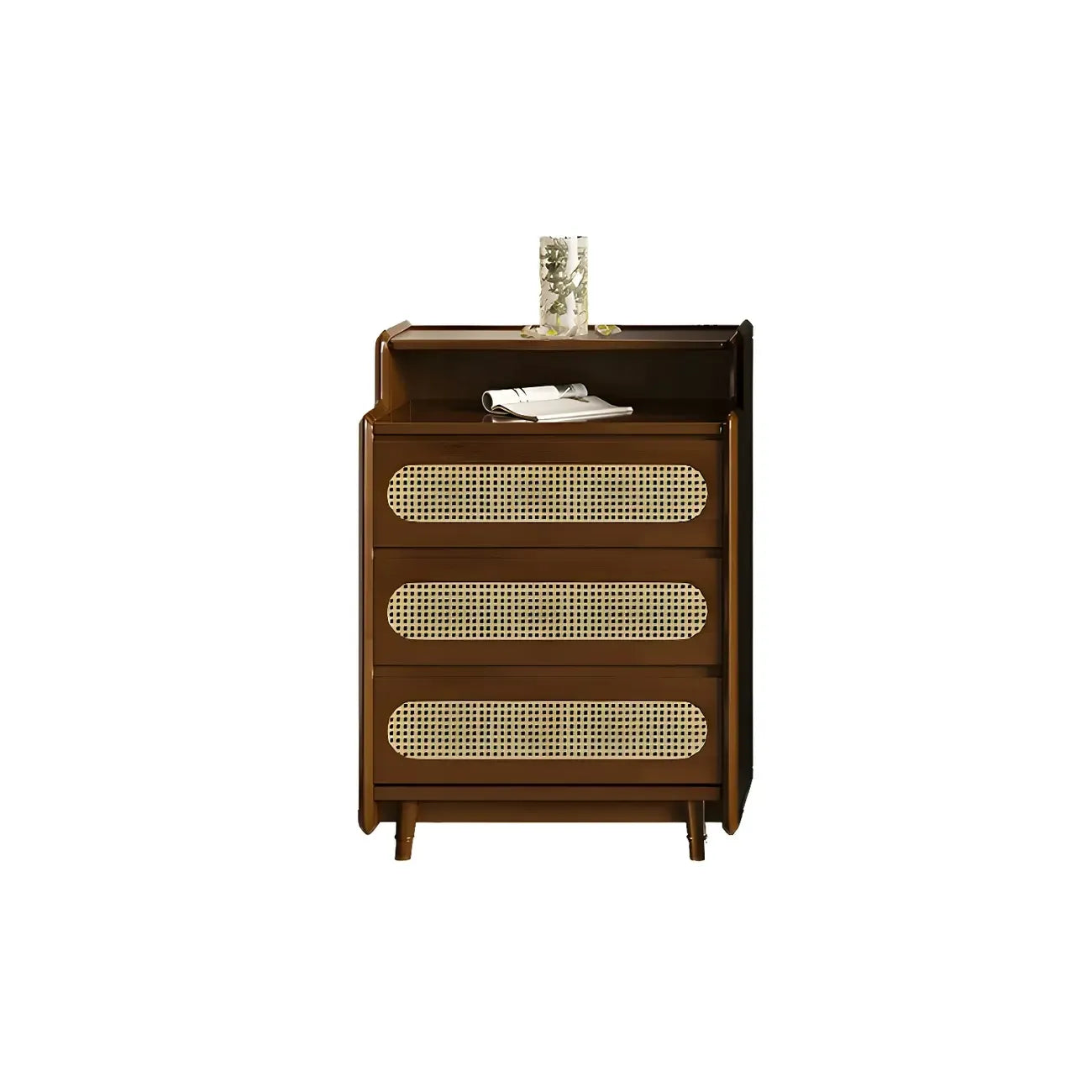 Commode d'appoint en rotin et bois brun avec plusieurs tiroirs