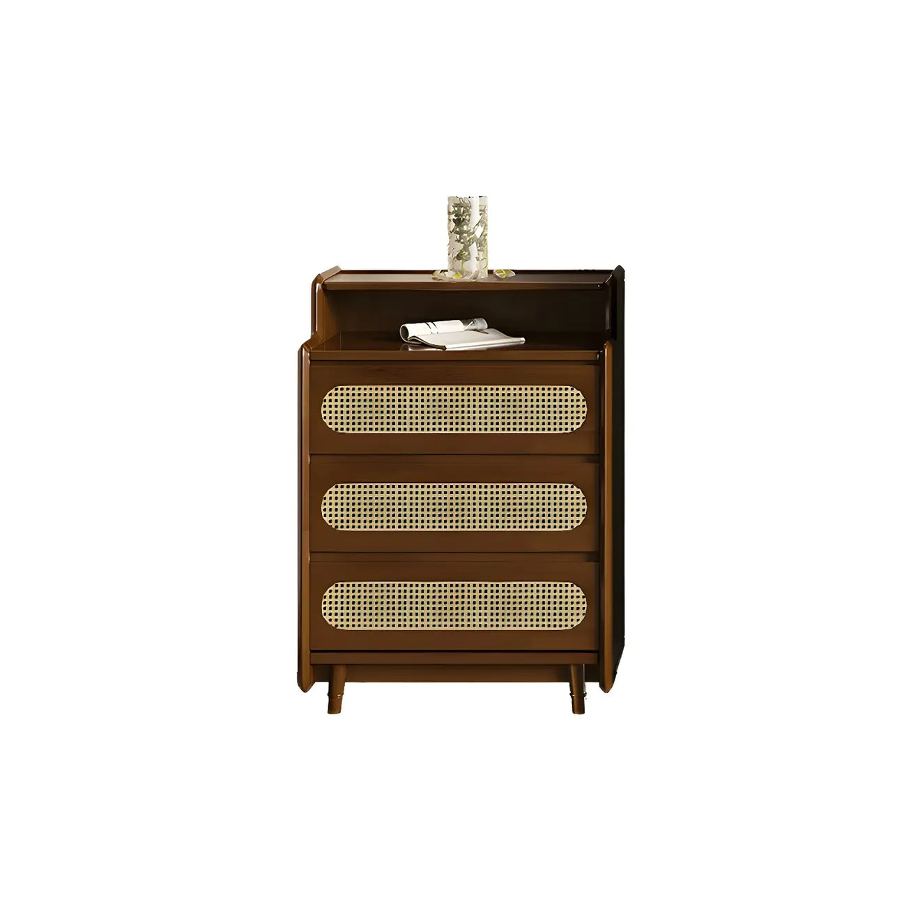 Commode d'appoint en rotin et bois brun avec plusieurs tiroirs