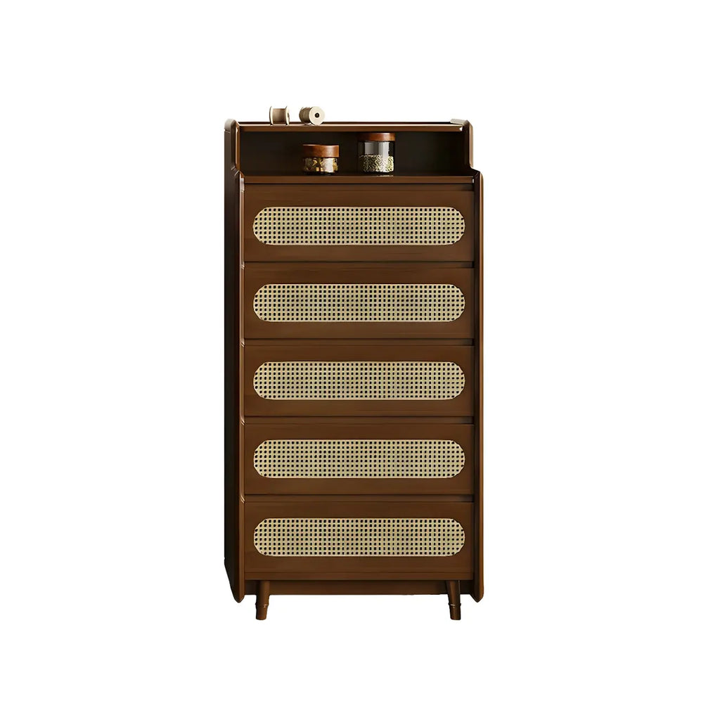 Commode d'appoint en rotin et bois brun avec plusieurs tiroirs