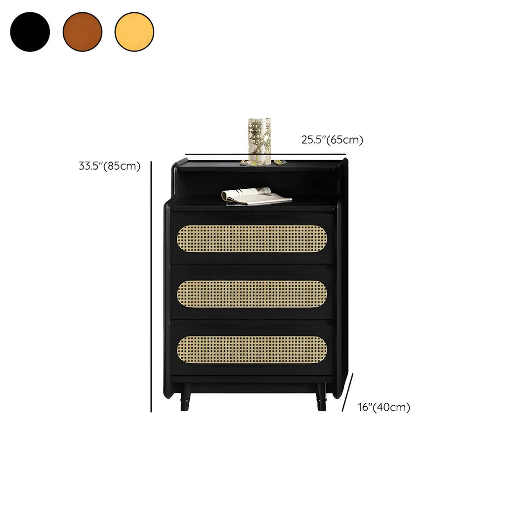 Commode d'appoint en rotin et bois brun avec plusieurs tiroirs