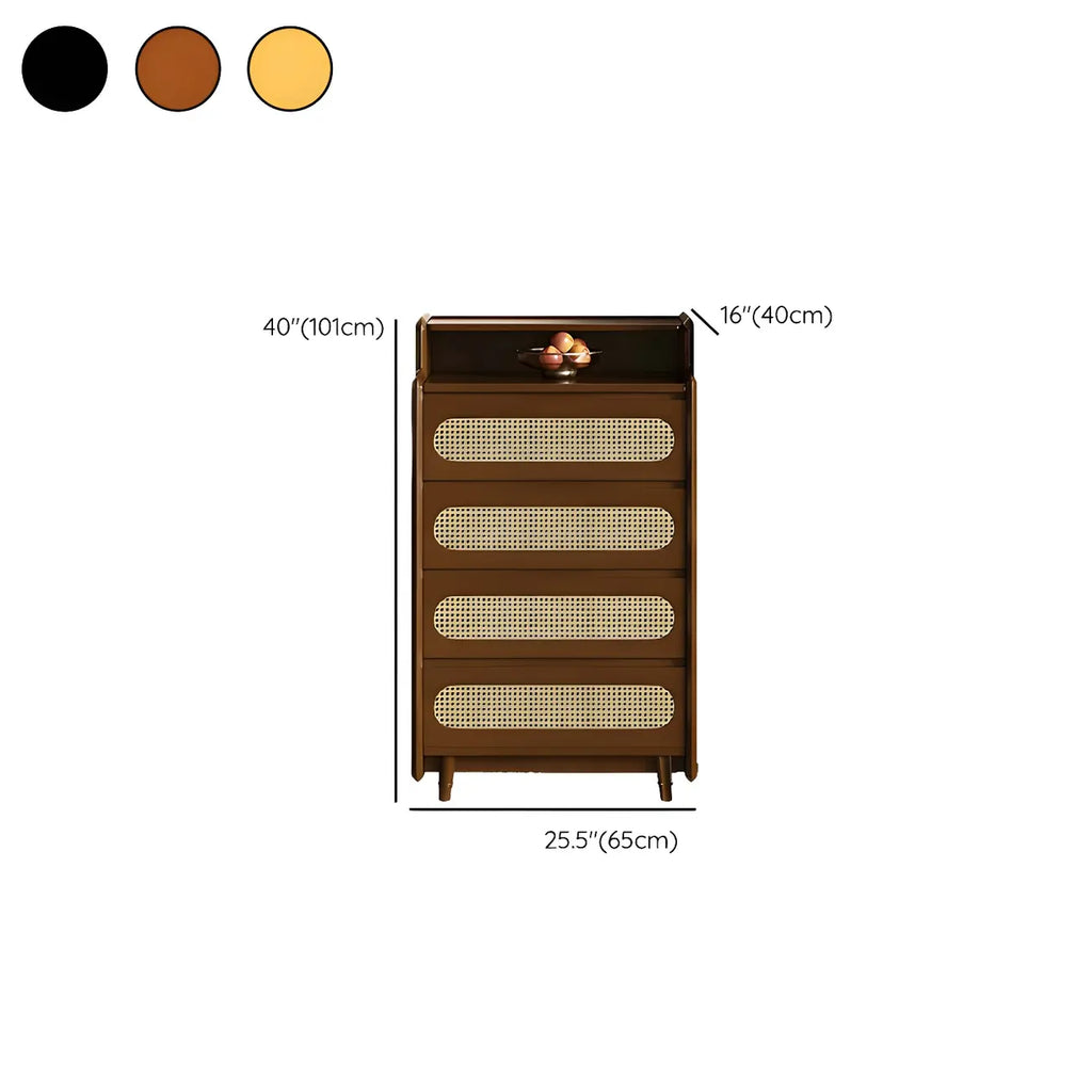 Commode d'appoint en rotin et bois brun avec plusieurs tiroirs