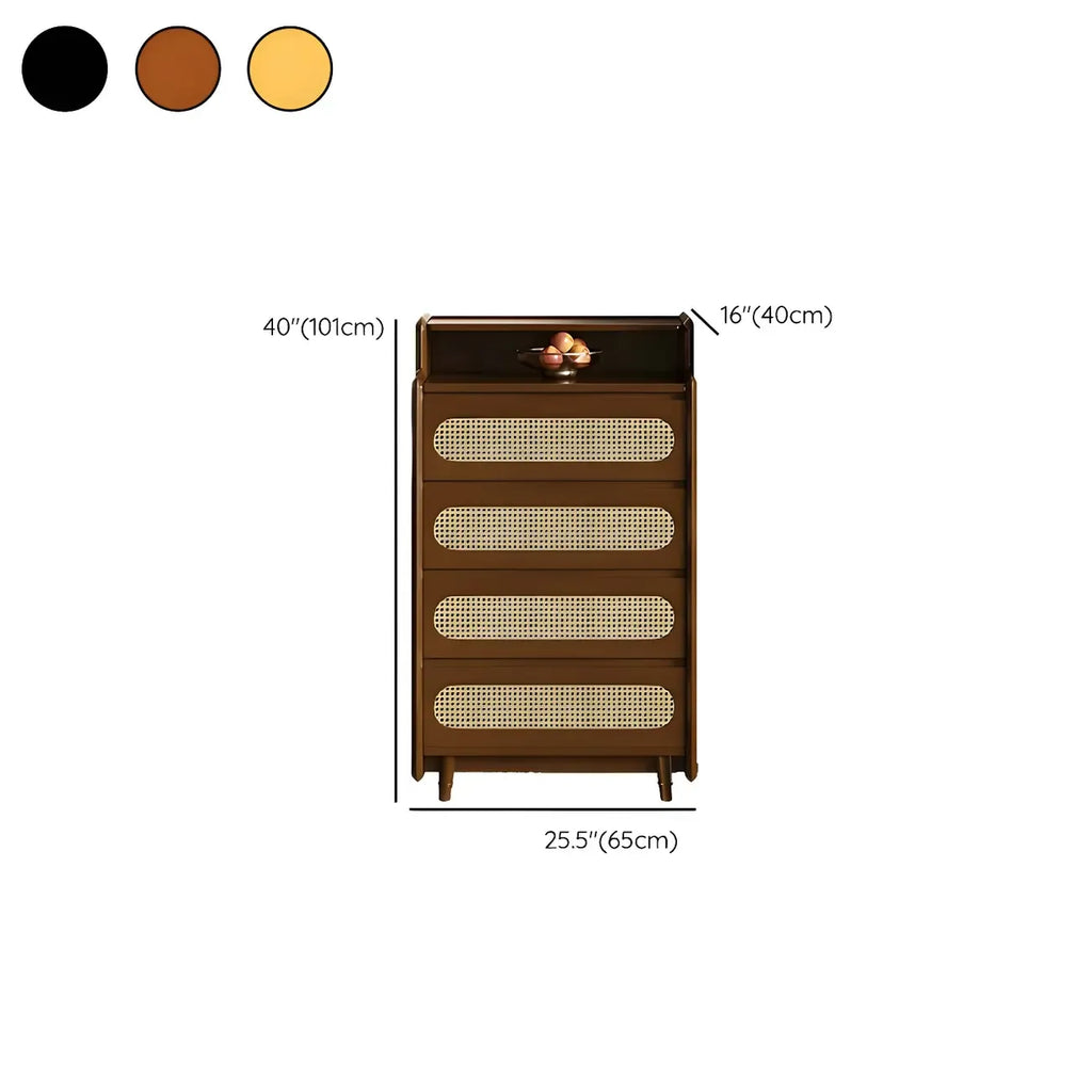 Commode d'appoint en rotin et bois brun avec plusieurs tiroirs