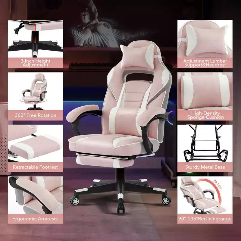 Sedia rosa fior di ciliegio con poggiapiedi, sedia ergonomica da computer con supporto lombare e poggiatesta, base girevole a 360° e sedia direzionale regolabile in altezza
