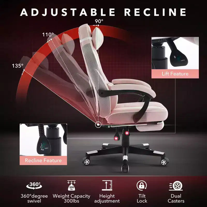 Sedia rosa fior di ciliegio con poggiapiedi, sedia ergonomica da computer con supporto lombare e poggiatesta, base girevole a 360° e sedia direzionale regolabile in altezza