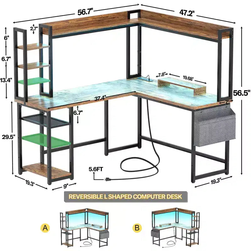 Scrivania angolare per computer Besiost con libreria e luci a LED, scrivania a L con presa di corrente