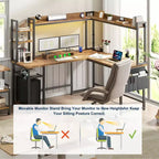 Scrivania angolare per computer Besiost con libreria e luci a LED, scrivania a L con presa di corrente