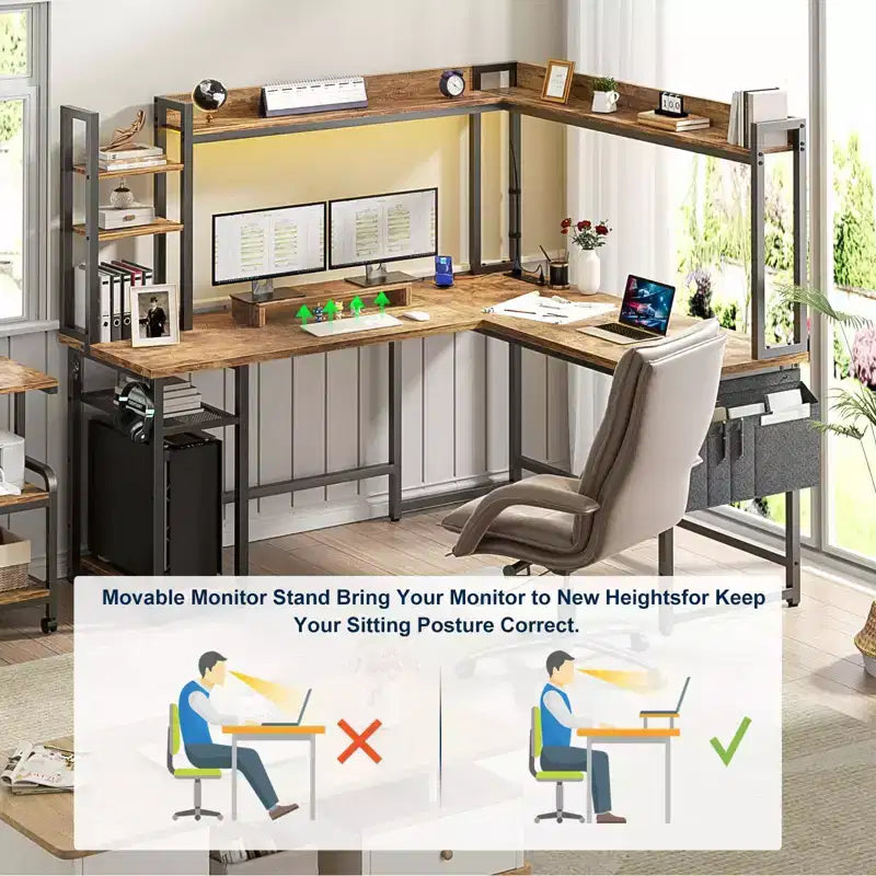 Scrivania angolare per computer Besiost con libreria e luci a LED, scrivania a L con presa di corrente