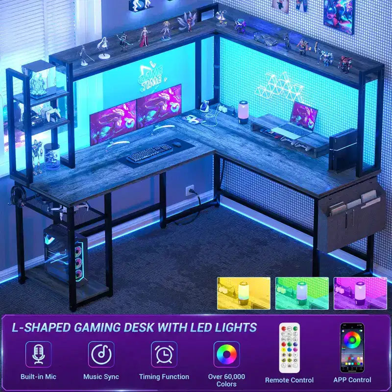 Scrivania angolare per computer Besiost con libreria e luci a LED, scrivania a L con presa di corrente