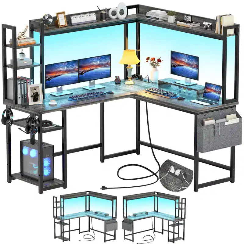Scrivania angolare per computer Besiost con libreria e luci a LED, scrivania a L con presa di corrente