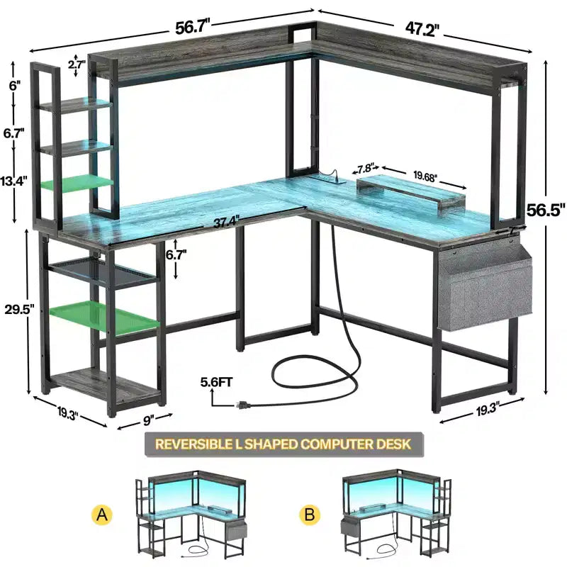 Scrivania angolare per computer Besiost con libreria e luci a LED, scrivania a L con presa di corrente