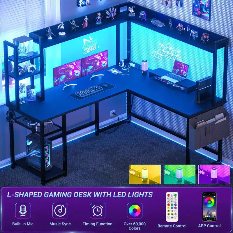Scrivania angolare per computer Besiost con libreria e luci a LED, scrivania a L con presa di corrente