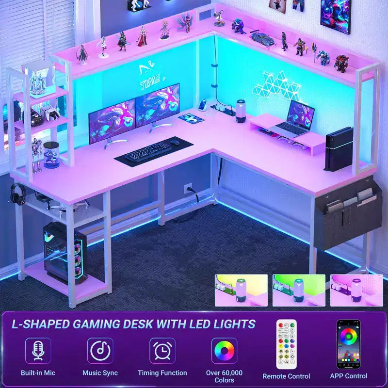 Scrivania angolare per computer Besiost con libreria e luci a LED, scrivania a L con presa di corrente