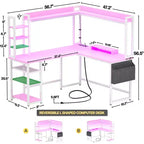 Scrivania angolare per computer Besiost con libreria e luci a LED, scrivania a L con presa di corrente
