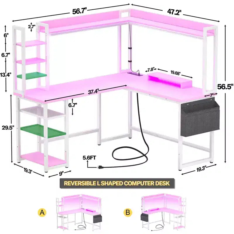 Scrivania angolare per computer Besiost con libreria e luci a LED, scrivania a L con presa di corrente