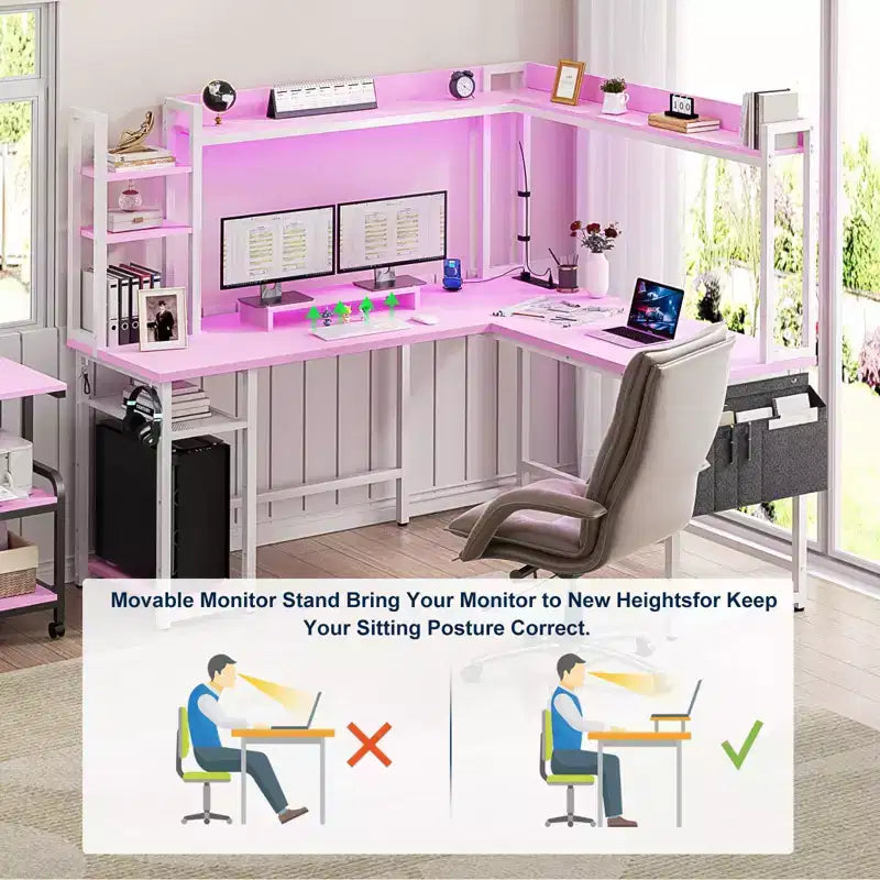 Scrivania angolare per computer Besiost con libreria e luci a LED, scrivania a L con presa di corrente