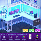 Scrivania angolare per computer Besiost con libreria e luci a LED, scrivania a L con presa di corrente