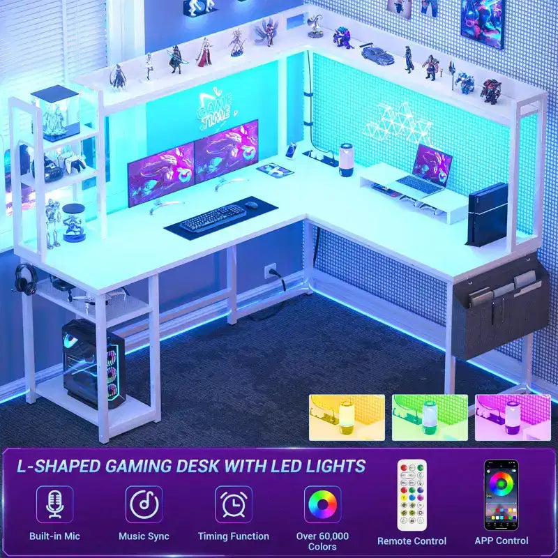 Scrivania angolare per computer Besiost con libreria e luci a LED, scrivania a L con presa di corrente