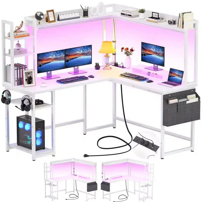 Scrivania angolare per computer Besiost con libreria e luci a LED, scrivania a L con presa di corrente