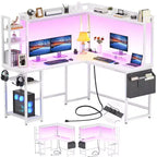Scrivania angolare per computer Besiost con libreria e luci a LED, scrivania a L con presa di corrente