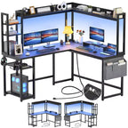Scrivania angolare per computer Besiost con libreria e luci a LED, scrivania a L con presa di corrente