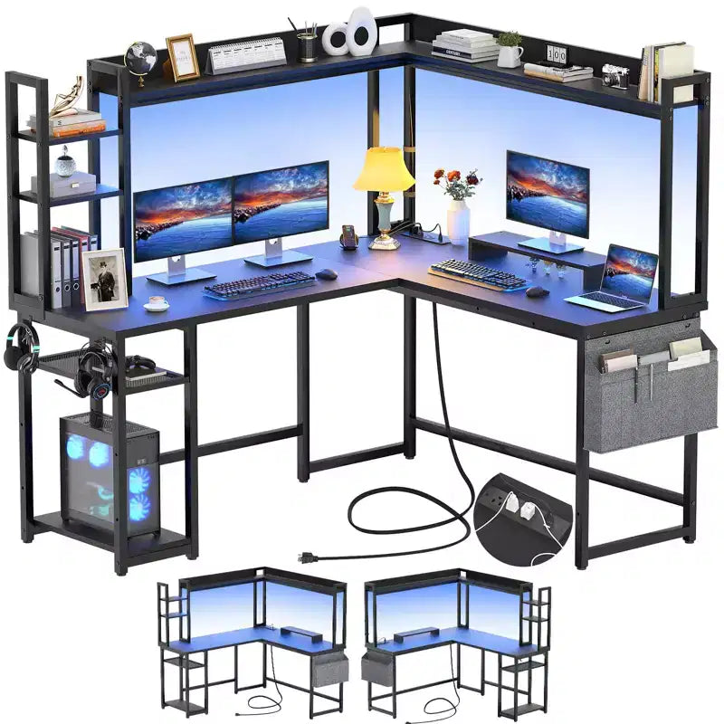 Scrivania angolare per computer Besiost con libreria e luci a LED, scrivania a L con presa di corrente