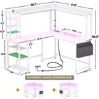 Scrivania angolare per computer Besiost con libreria e luci a LED, scrivania a L con presa di corrente